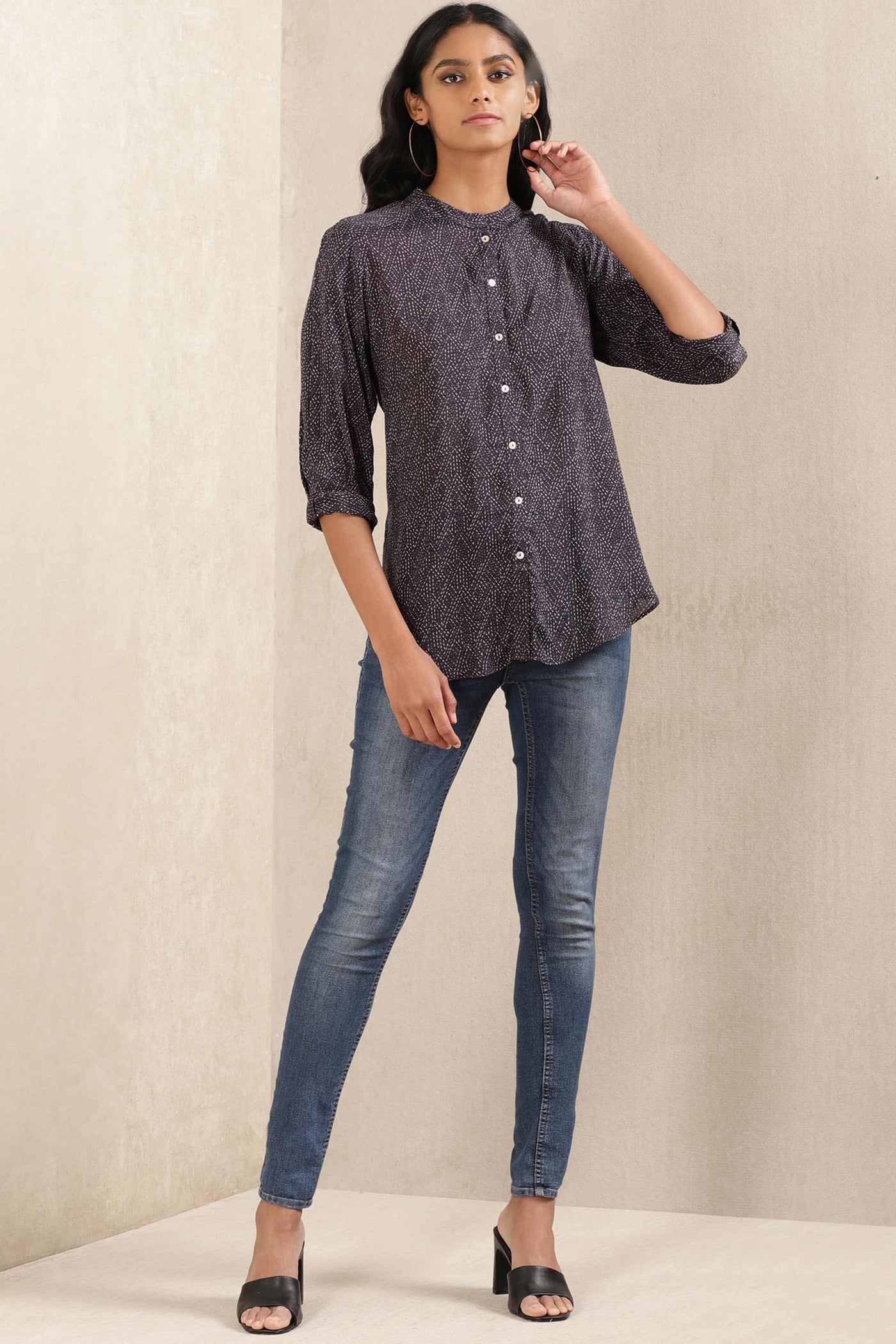 ritu kumar Black Printed Silk Shirt online shopping melange singapore western indian designer wear