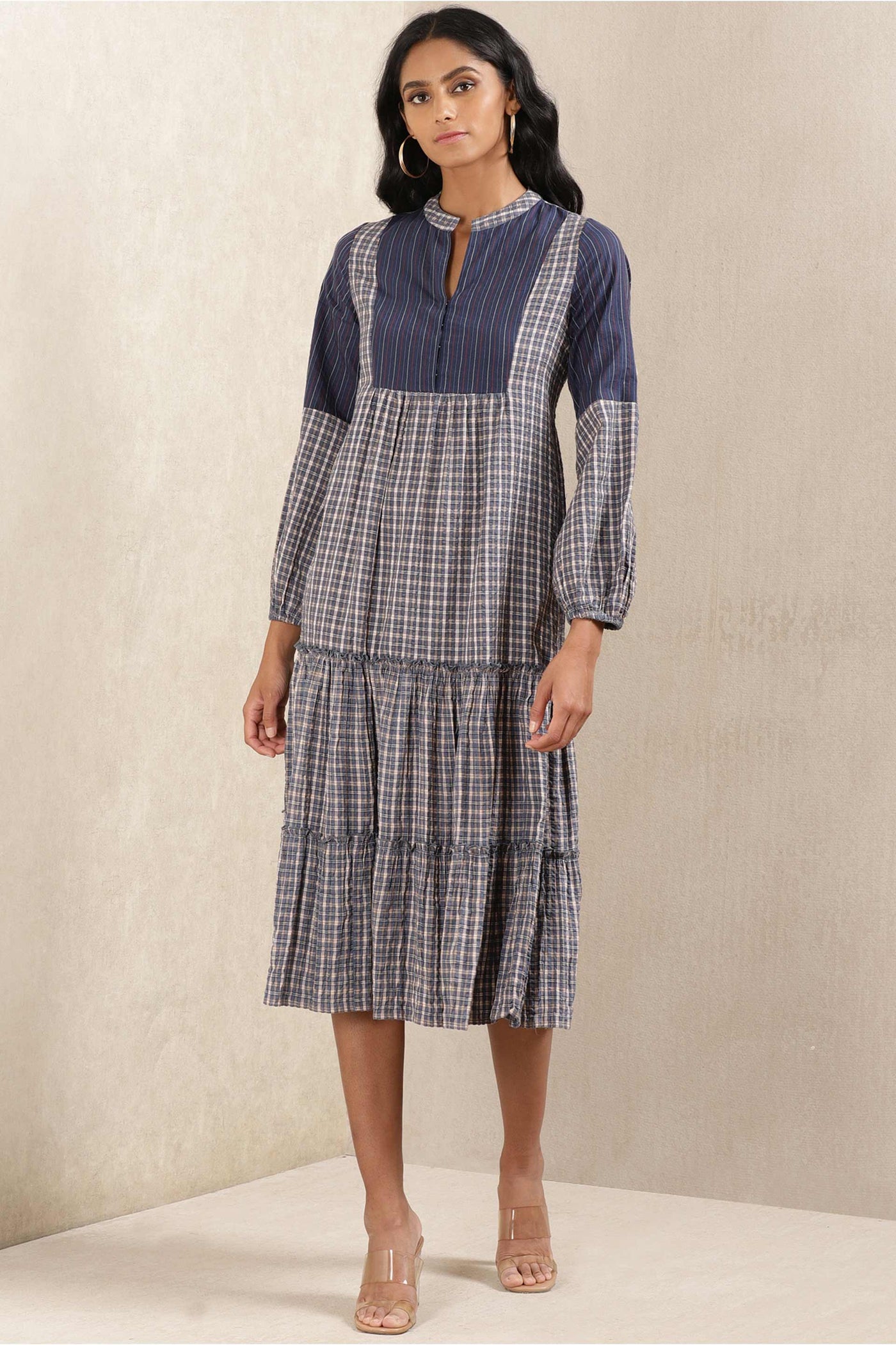 ritu kumar Blue Check Cotton Dress western indian designer wear online shopping melange singapore