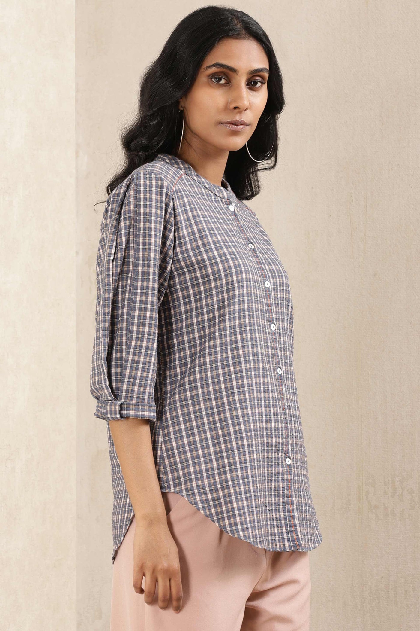 ritu kumar Blue Check Cotton Kurti online shopping melange singapore indian designer wear