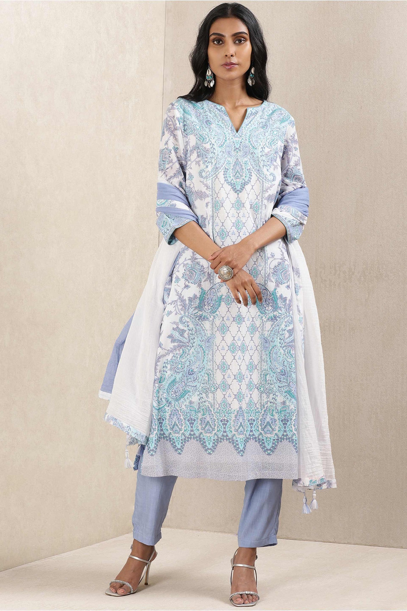 ritu kumar Blue Printed Kurta With Pant And Dupatta festive indian designer wear online shopping melange singapore