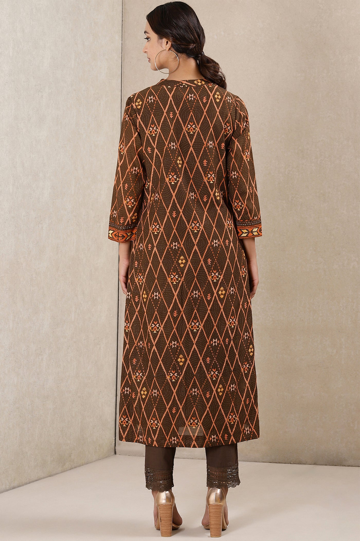Ritu kumar Chocolate brown printed kurta with pant and dupatta festive indian designer wear online shopping melange singapore