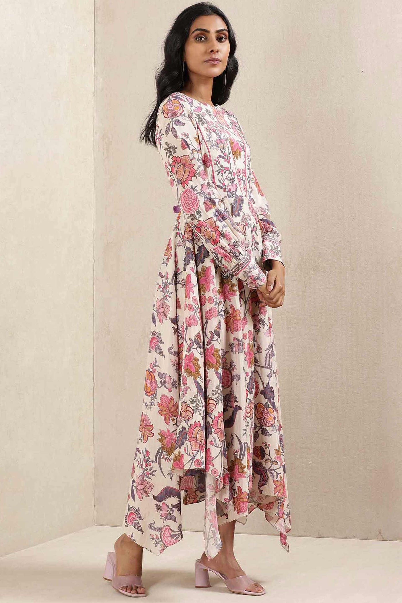 Ritu kumar Off White Floral Print Silk Dress western indian designer wear online shopping melange singapore