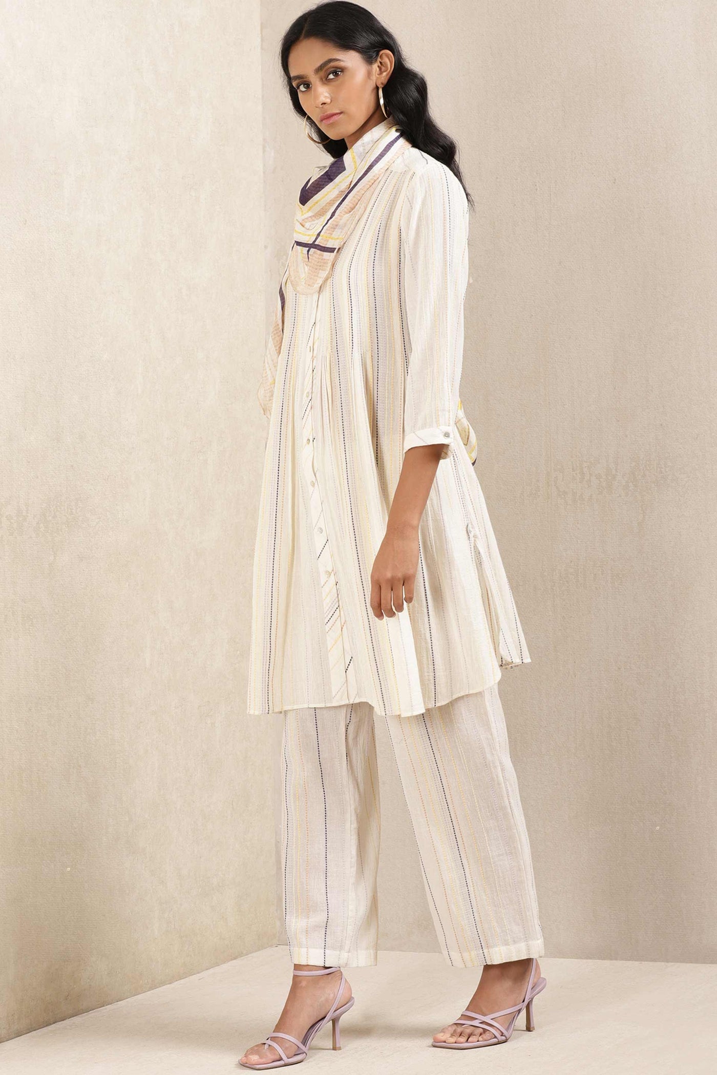 ritu kumar Off white stripe cotton kurta with pant and scarf online shopping melange singapore indian designer wear