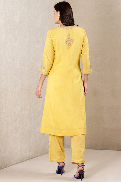 Ritu kumar Round Neck 3/4th Sleeve Embroidered Kurta Set yellow festive indian designer wear online shopping melange singapore