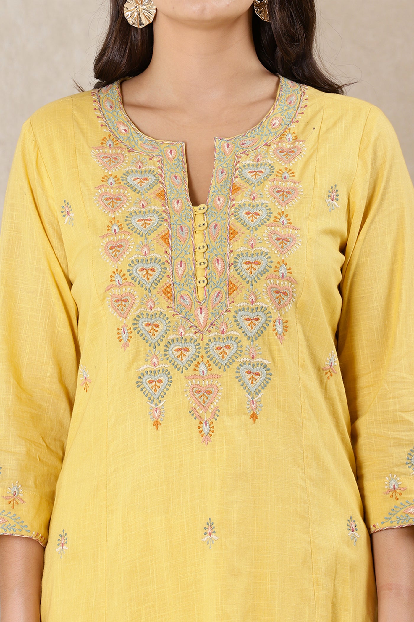 Ritu kumar Round Neck 3/4th Sleeve Embroidered Kurta Set yellow festive indian designer wear online shopping melange singapore