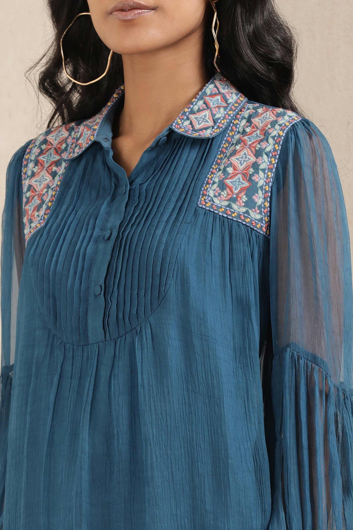 ritu kumar Teal Embroidered Kurti online shopping melange singapore indian designer wear
