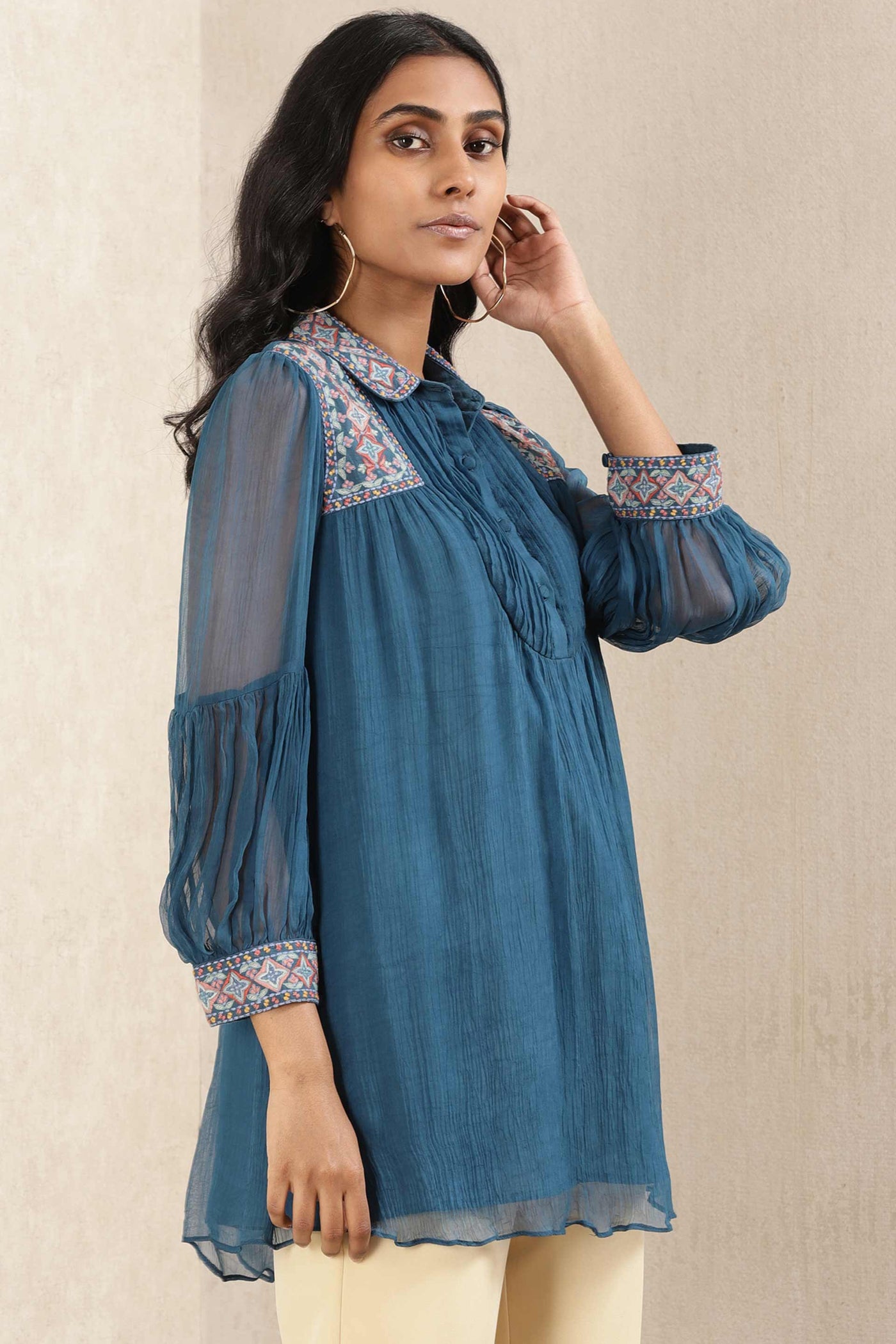 ritu kumar Teal Embroidered Kurti online shopping melange singapore indian designer wear