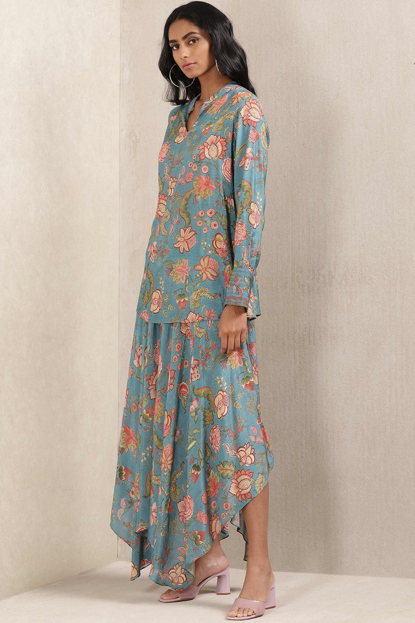 ritu kumar Teal Floral Print Silk Kurti With Palazzo online shopping melange singapore indian designer wear