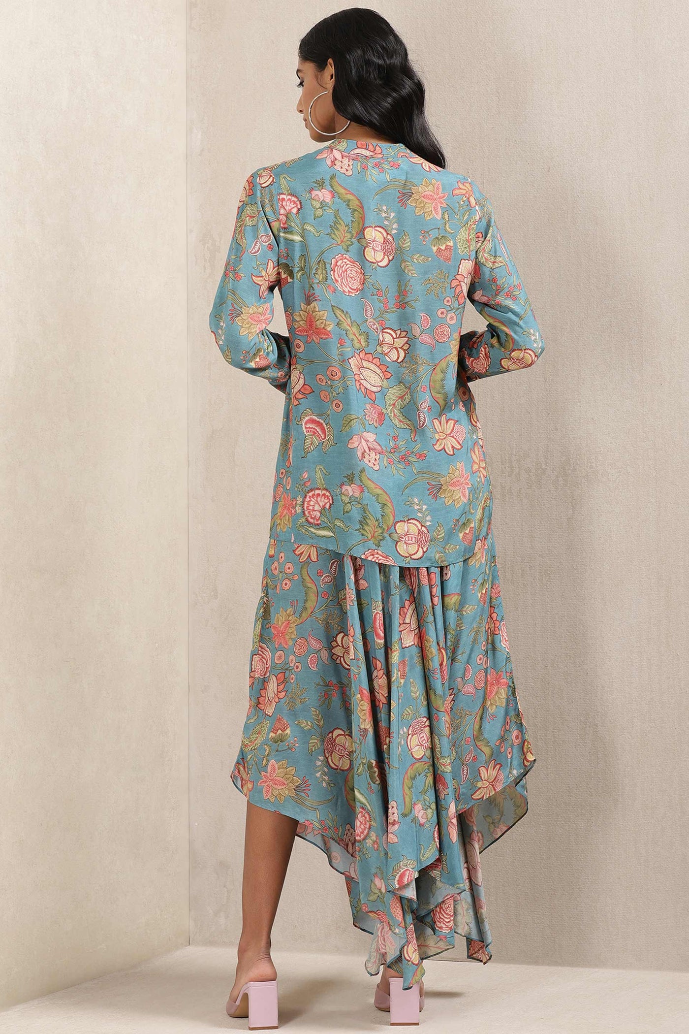ritu kumar Teal Floral Print Silk Kurti With Palazzo online shopping melange singapore indian designer wear