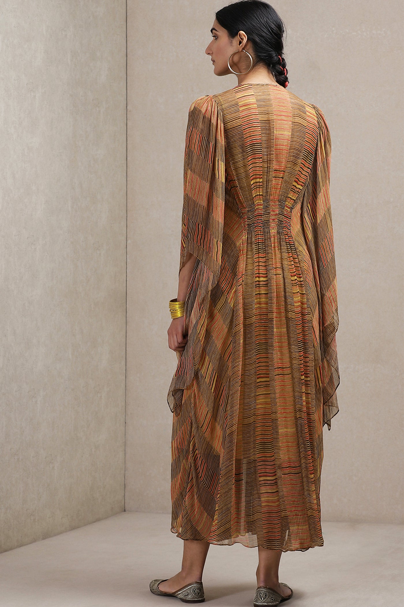 Ritu kumar V neck 3/4 sleeve geometric print dress brown online shopping melange singapore Indian designer wear
