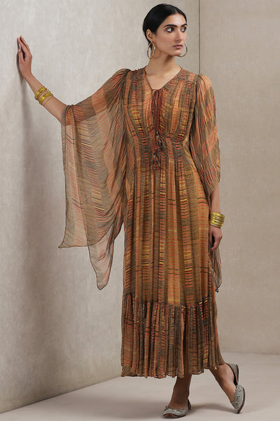 Ritu kumar V neck 3/4 sleeve geometric print dress brown online shopping melange singapore Indian designer wear