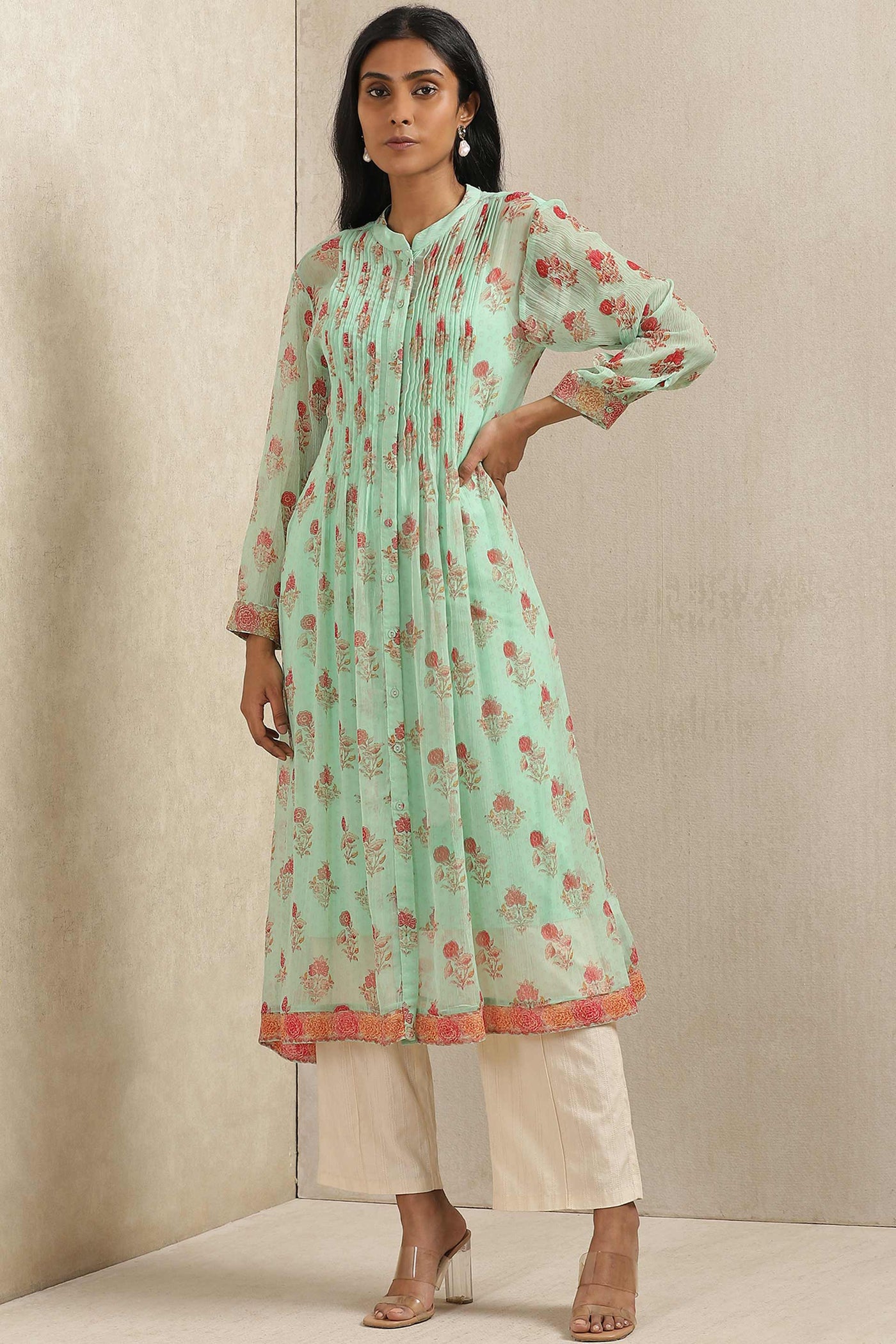 ritu kumar Mint Floral Print Kurta festive indian designer wear online shopping melange singapore