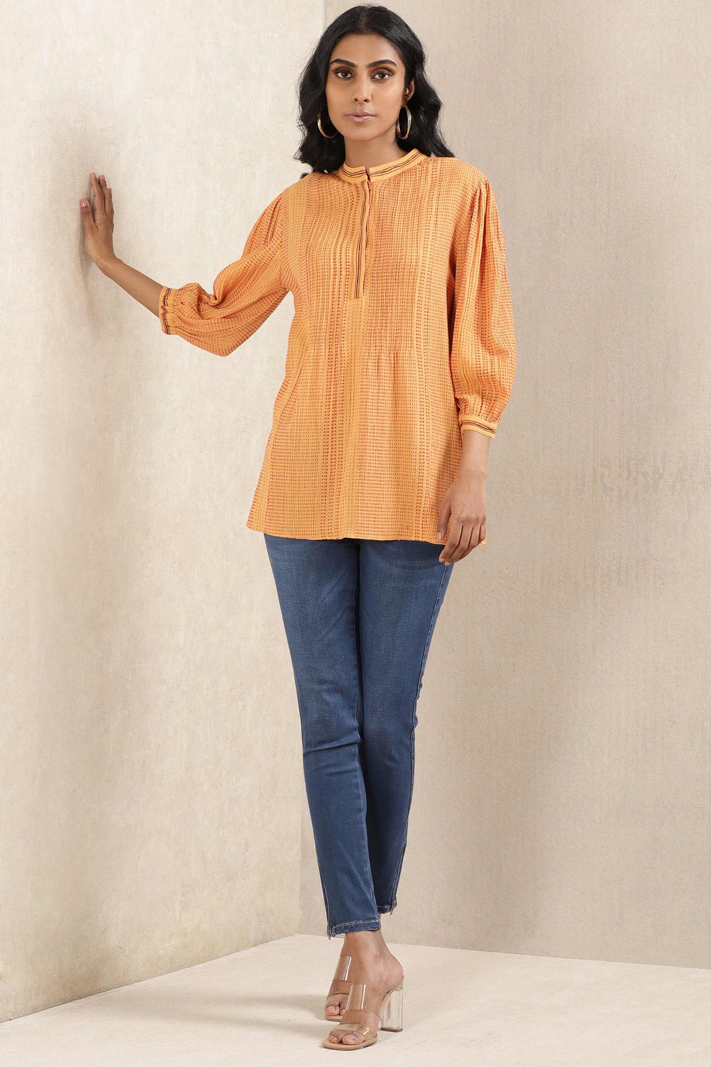 ritu kumar Yellow Stripe Cotton Kurti online shopping melange singapore indian designer wear