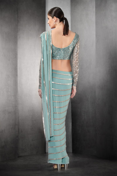 rohit gandhi rahul khanna draped saree in nylon tulle base with linear metallic bead aqua indian designer wear online shopping melange singapore