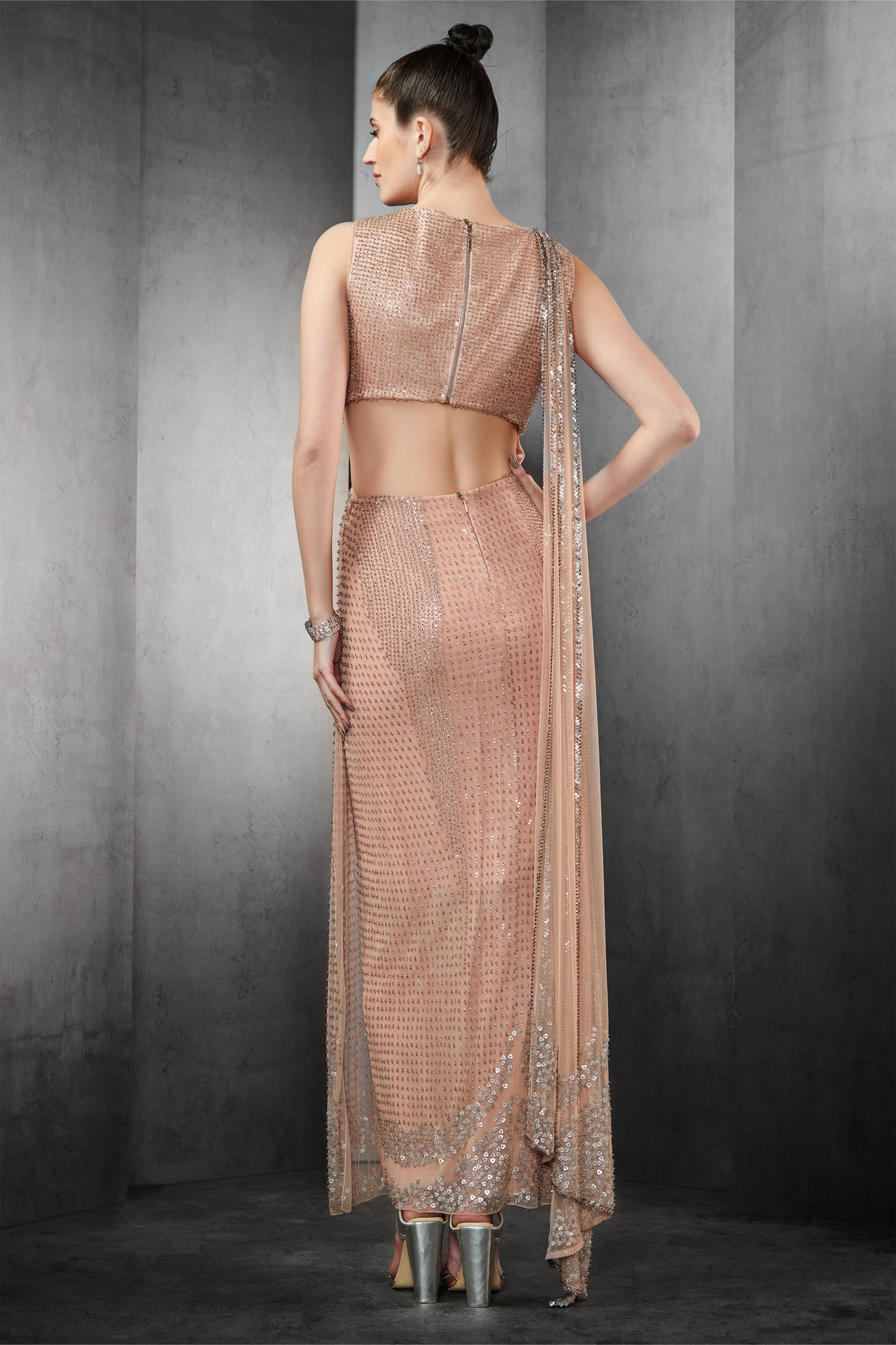 rohit gandhi rahul khanna heavily embellished draped tulle saree frosty pink indian designer wear online shopping melange singapore
