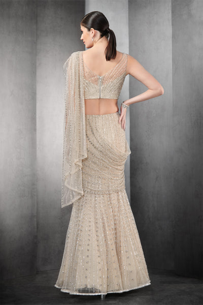 rohit gandhi rahul khanna heavily embroidered blouse with a pre-stitched tulle saree beige indian designer wear online shopping melange singapore