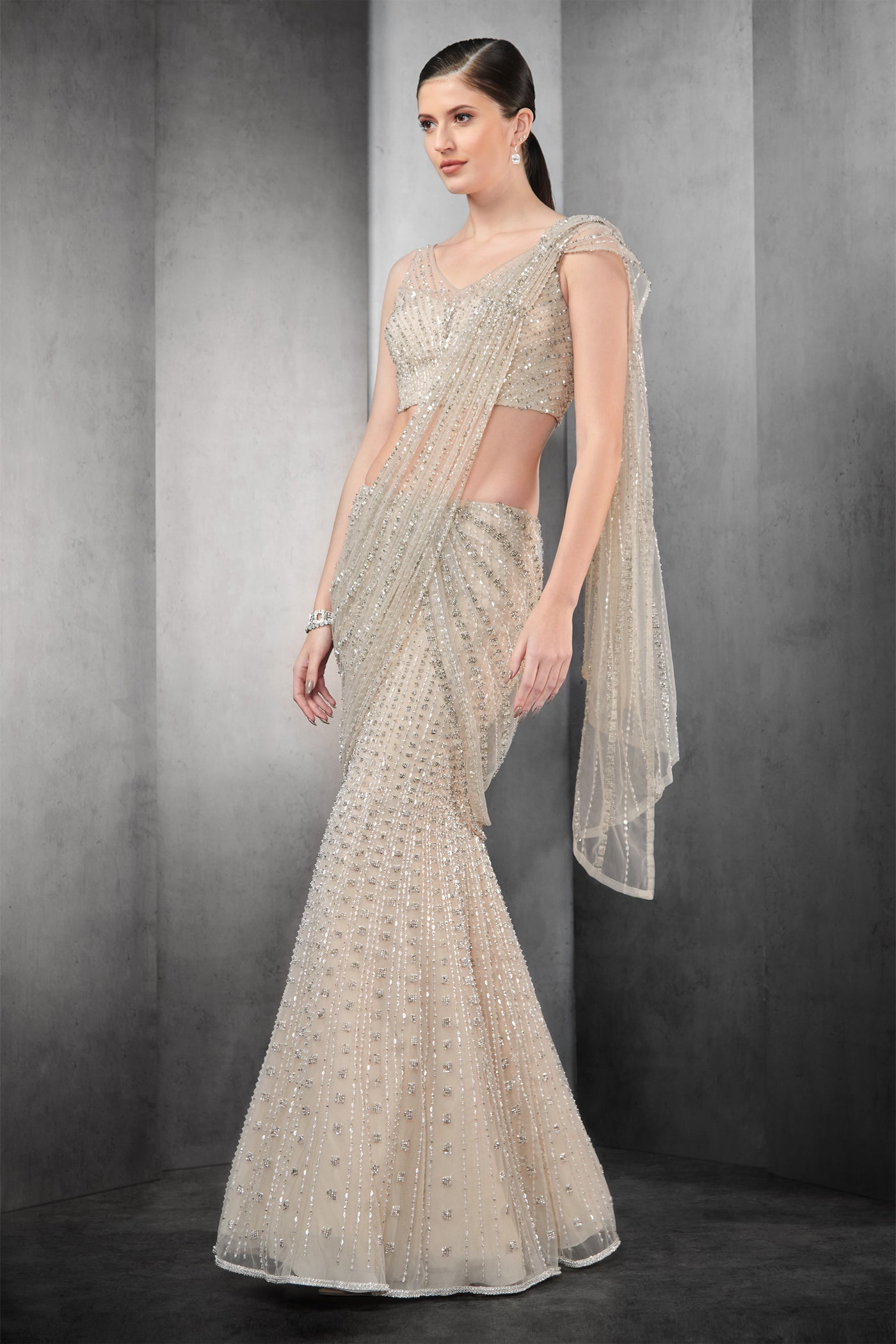 rohit gandhi rahul khanna heavily embroidered blouse with a pre-stitched tulle saree beige indian designer wear online shopping melange singapore