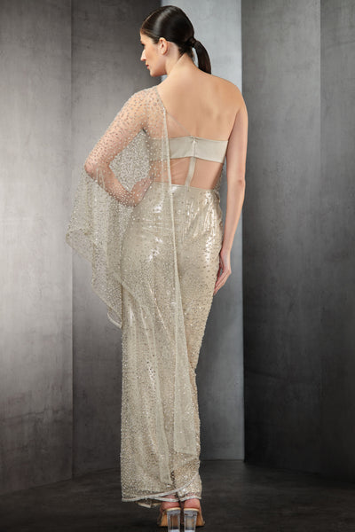 rohit gandhi rahul khanna one shoulder saree gown with full sequin embroidery mist indian designer wear online shopping melange singapore