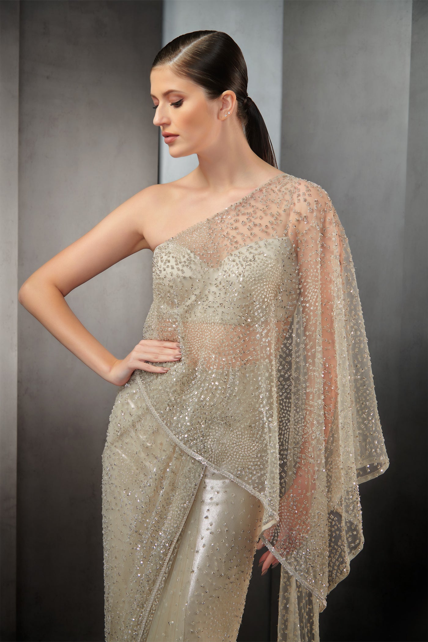 rohit gandhi rahul khanna one shoulder saree gown with full sequin embroidery mist indian designer wear online shopping melange singapore