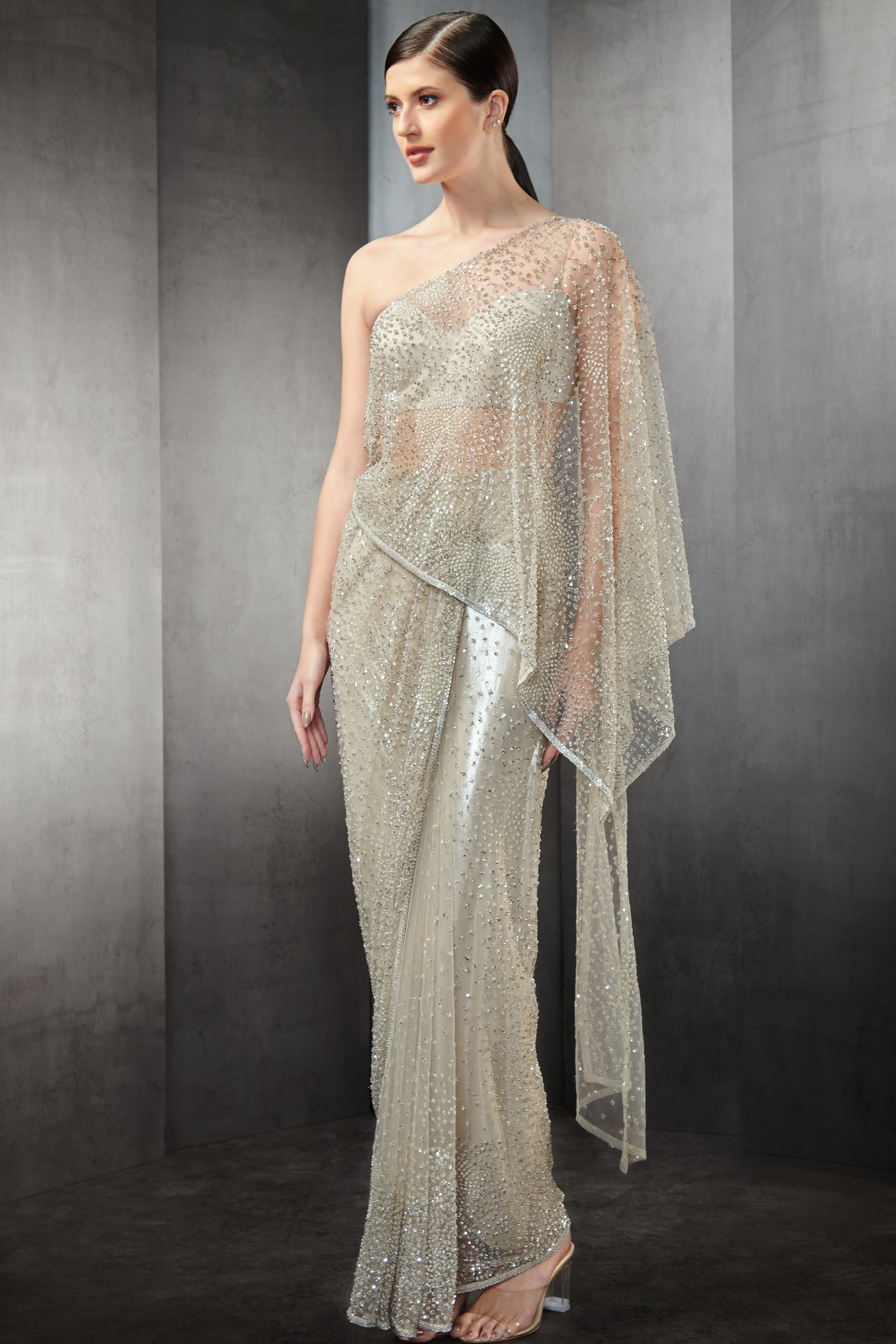 rohit gandhi rahul khanna one shoulder saree gown with full sequin embroidery mist indian designer wear online shopping melange singapore