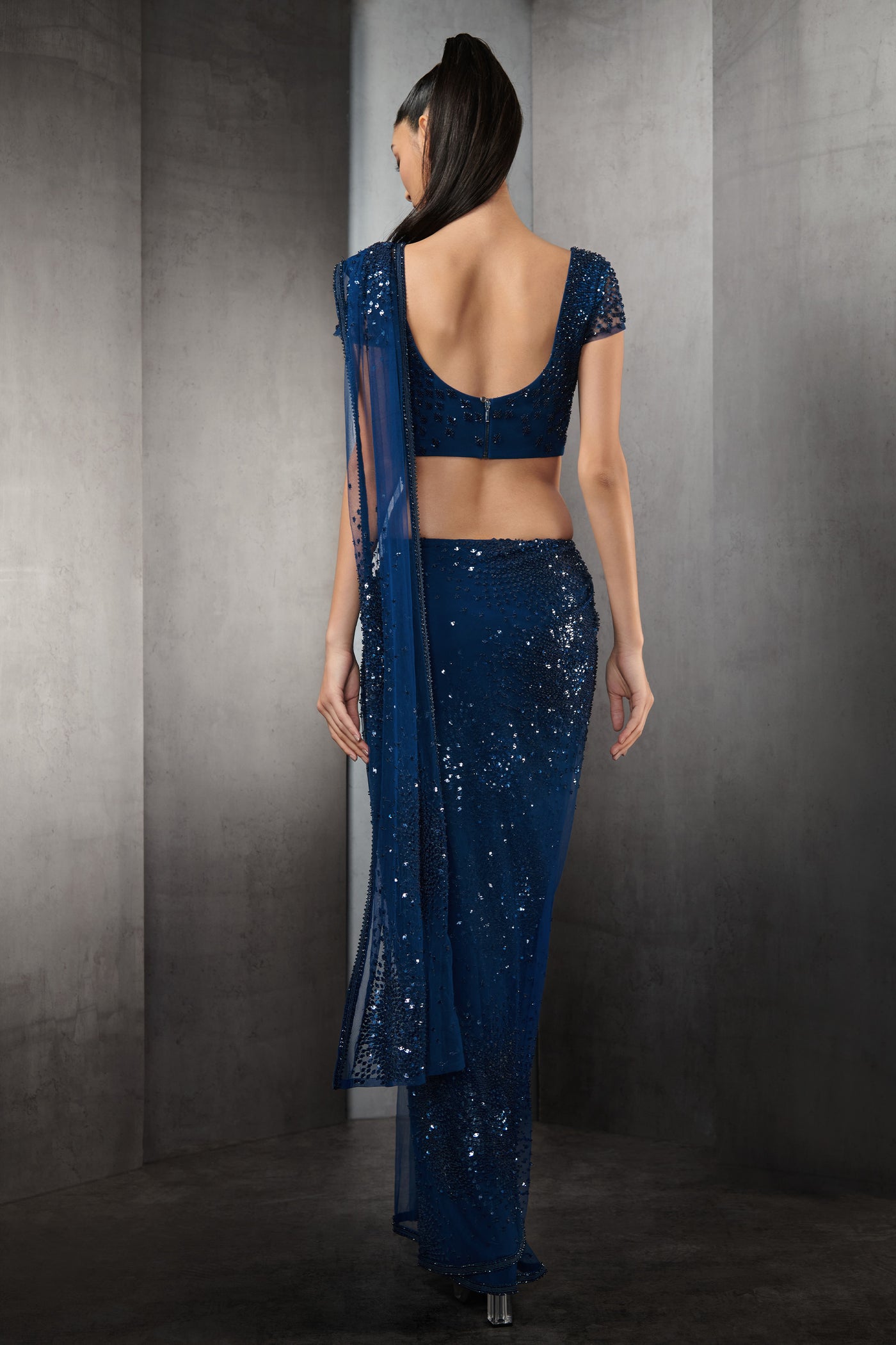 rohit gandhi rahul khanna pre stitched sequin crystal beaded embroidered saree with embroidered cape sleeve blouse galaxy blue indian designer wear online shopping melange singapore