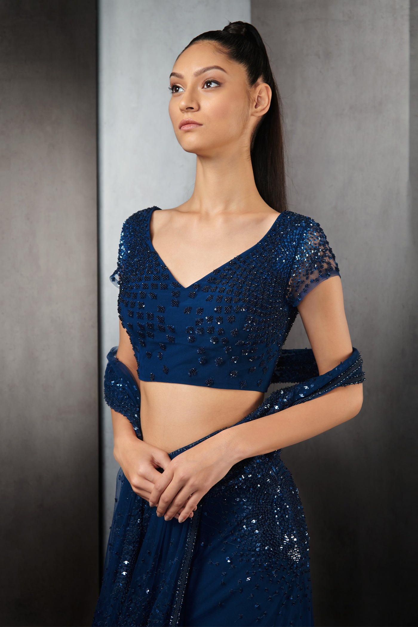 rohit gandhi rahul khanna pre stitched sequin crystal beaded embroidered saree with embroidered cape sleeve blouse galaxy blue indian designer wear online shopping melange singapore