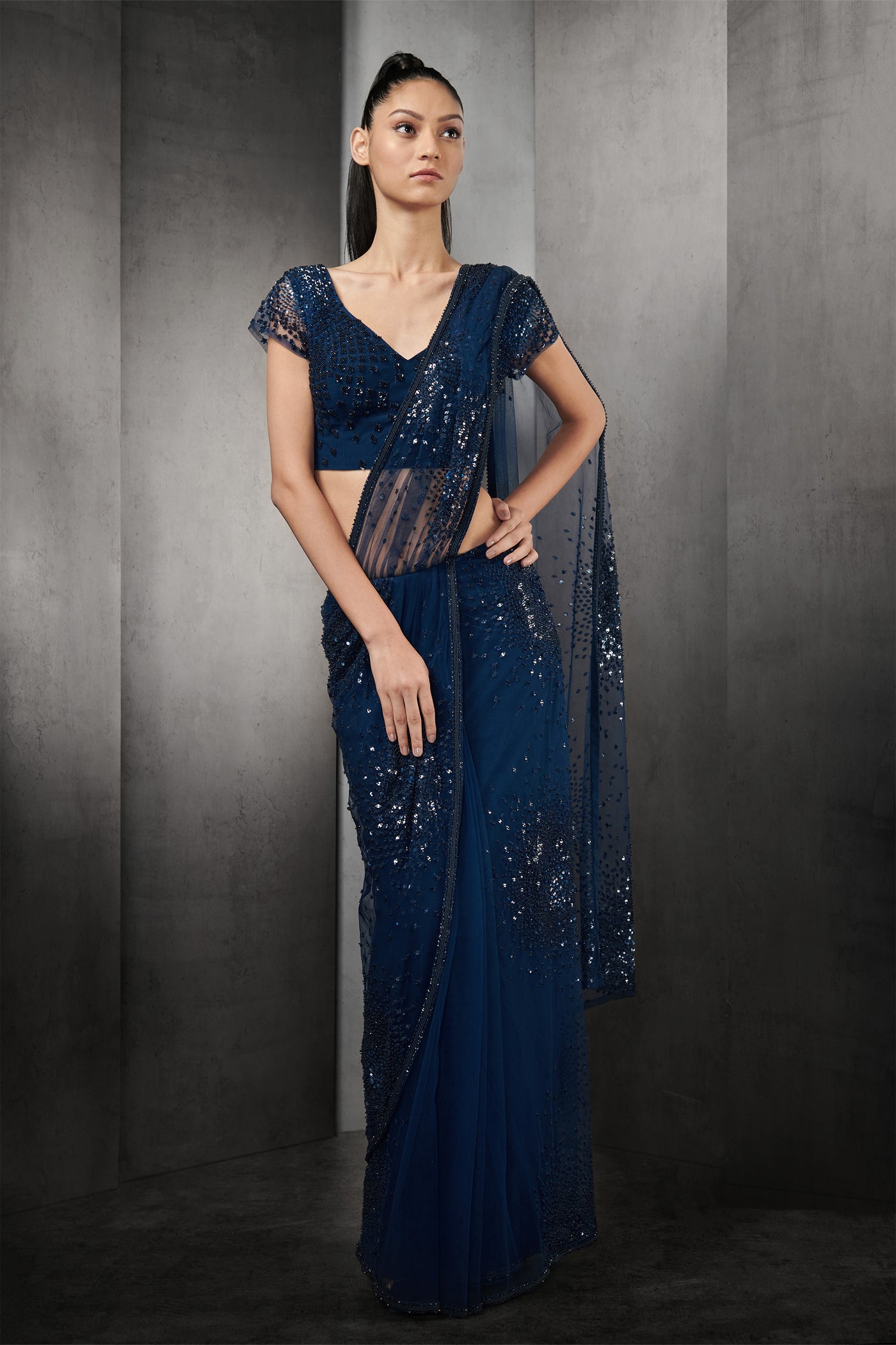 rohit gandhi rahul khanna pre stitched sequin crystal beaded embroidered saree with embroidered cape sleeve blouse galaxy blue indian designer wear online shopping melange singapore