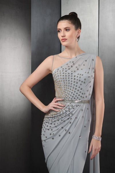 rohit gandhi rahul khanna silver and gold crystal embroidered gown cement grey indian designer wear online shopping melange singapore