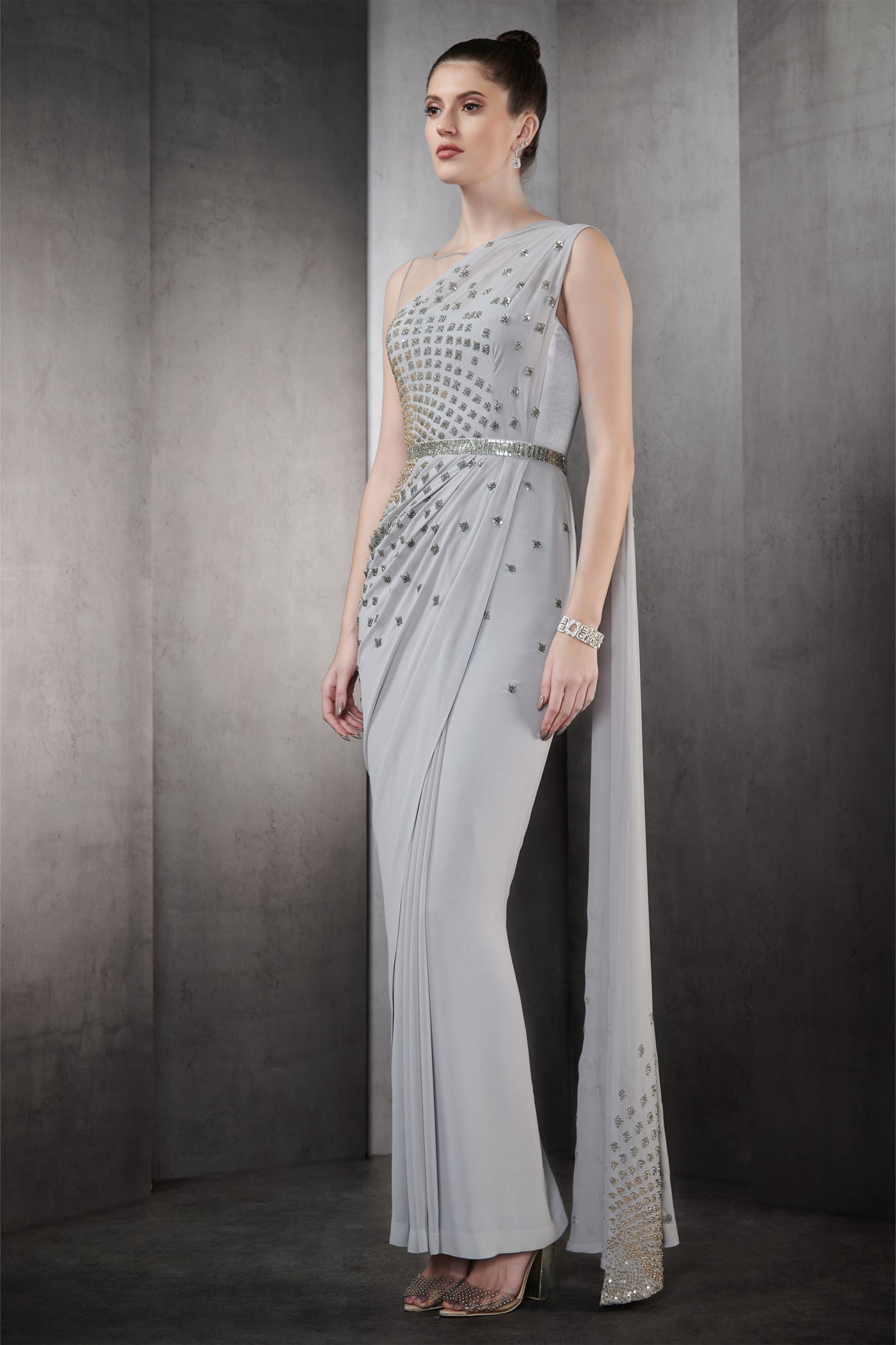 rohit gandhi rahul khanna silver and gold crystal embroidered gown cement grey indian designer wear online shopping melange singapore