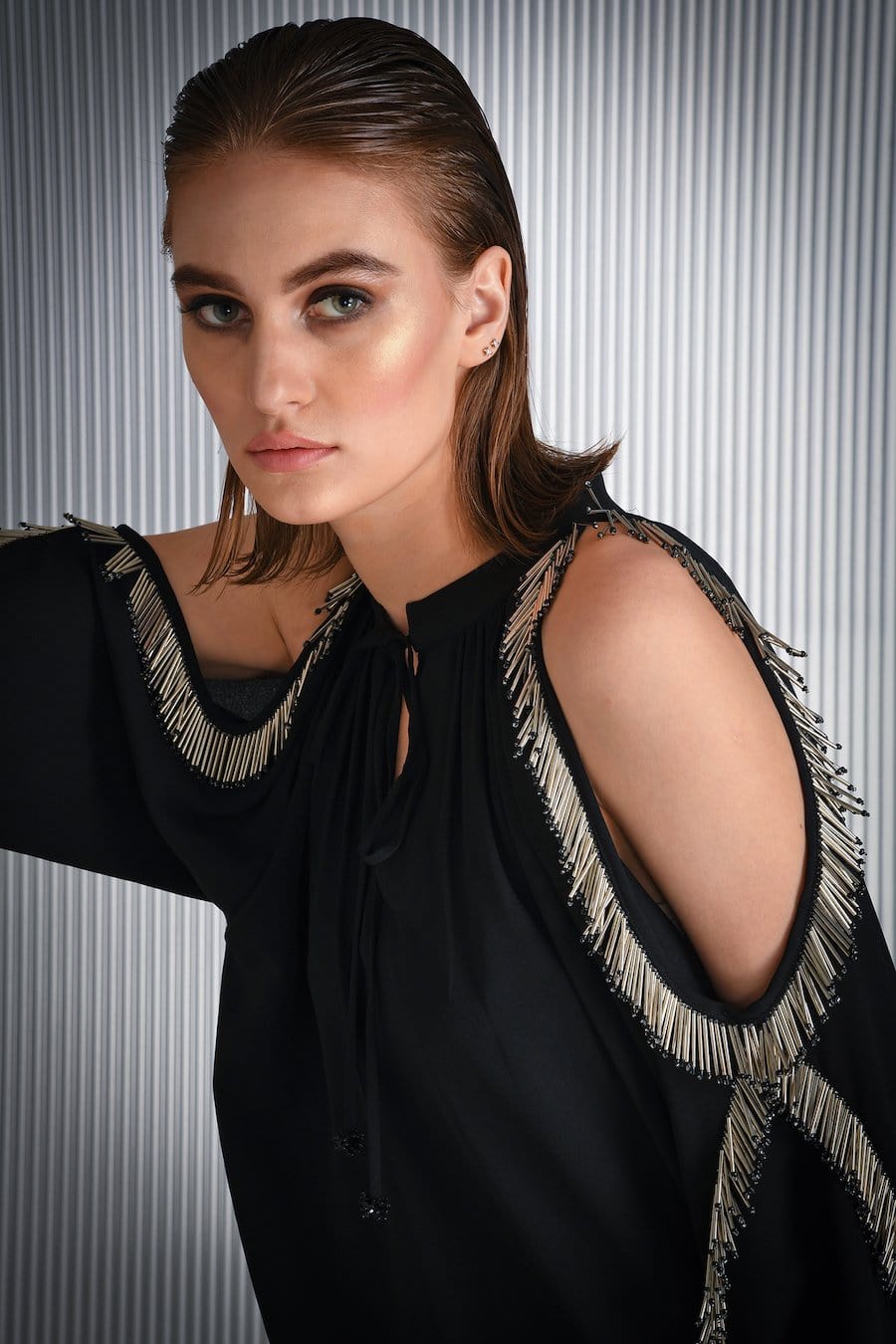 Black Solid Cold Shoulder Tassel Top