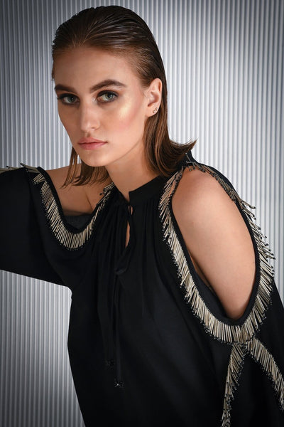 Black Solid Cold Shoulder Tassel Top