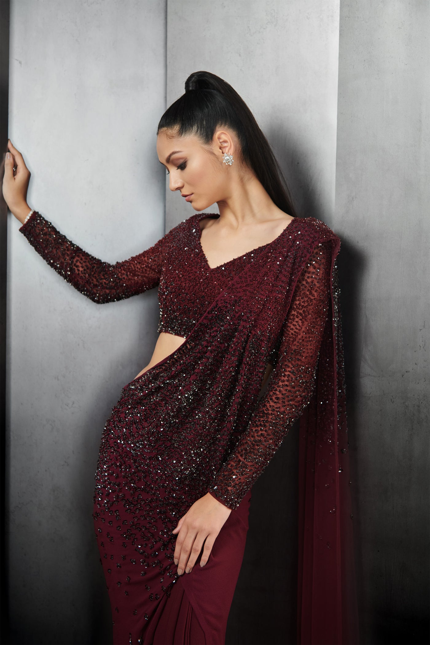 rohit gandhi rahul khanna draped saree with fallen sequin embroidery burgundy indian designer wear online shopping melange singapore