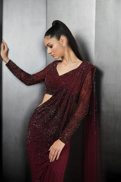 rohit gandhi rahul khanna draped saree with fallen sequin embroidery burgundy indian designer wear online shopping melange singapore