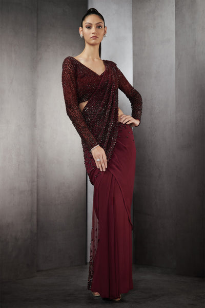 rohit gandhi rahul khanna draped saree with fallen sequin embroidery burgundy indian designer wear online shopping melange singapore