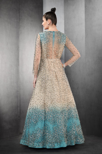 rohit gandhi rahul khanna the rhapsodic gown beige aqua ombre indian designer wear online shopping melange singapore