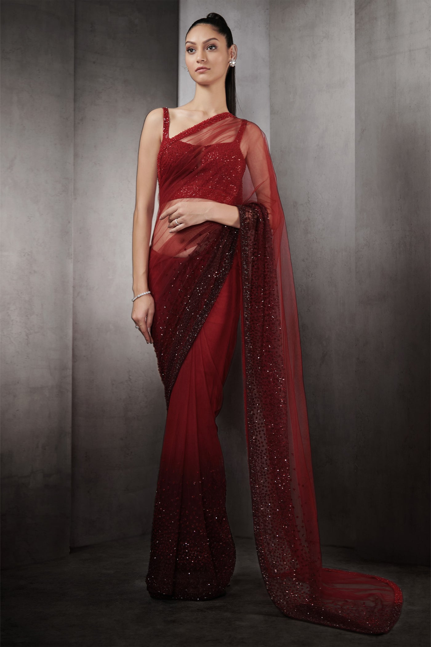 rohit gandhi rahul khanna tulle with border embroidery saree ruby berry indian designer wear online shopping melange singapore