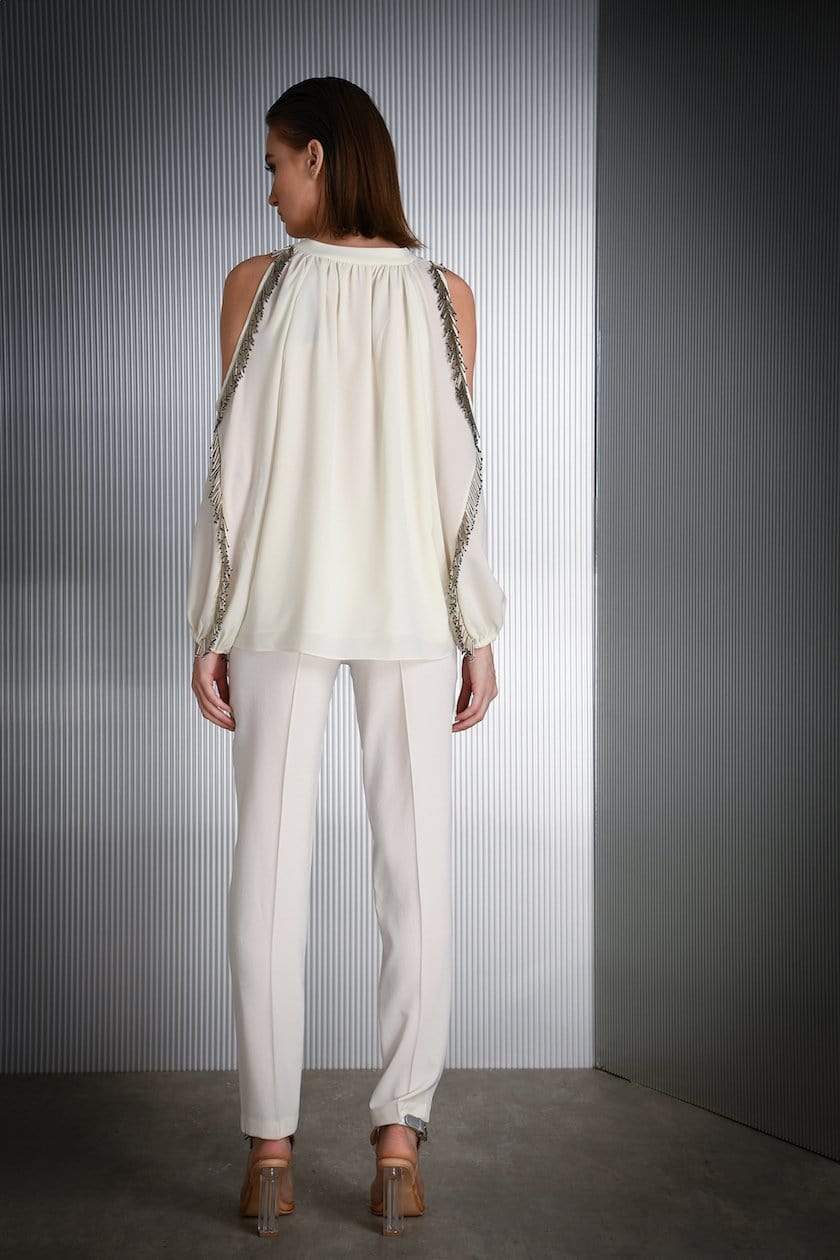 Rohit Gandhi - Rahul Khanna -  Ivory solid cold shoulder tassel top - Melange Singapore - Indian Designer Wear Online Shopping