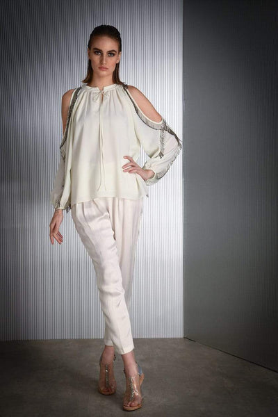 Rohit Gandhi - Rahul Khanna -  Ivory solid cold shoulder tassel top - Melange Singapore - Indian Designer Wear Online Shopping