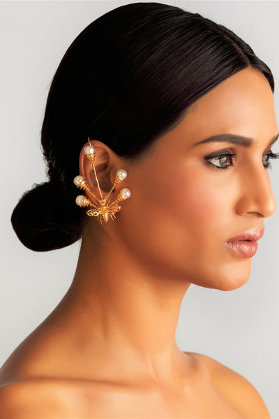 Ruhhette Mismatch ear cuff with honey bee and pearl gold fashion jewellery online shopping melange singapore indian designer wear