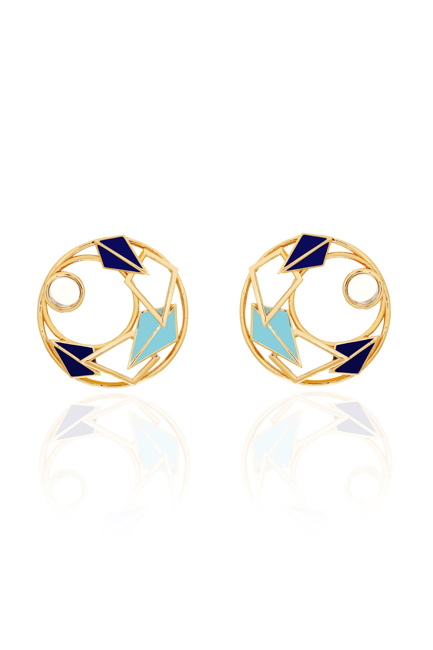 Ruhhette Gold plated enamelled round studs with mirror blue fashion jewellery online shopping melange singapore indian designer wear