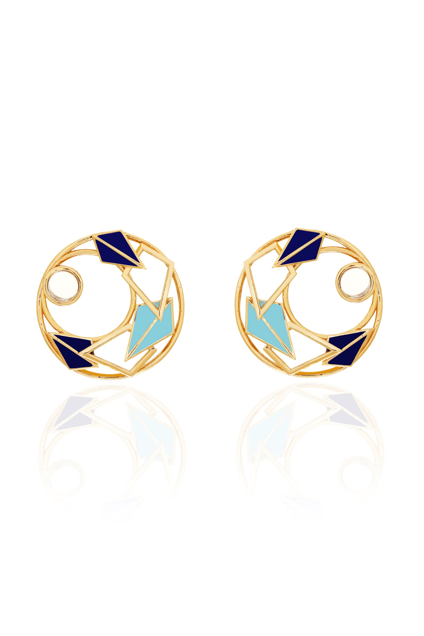 Ruhhette Gold plated enamelled round studs with mirror blue fashion jewellery online shopping melange singapore indian designer wear