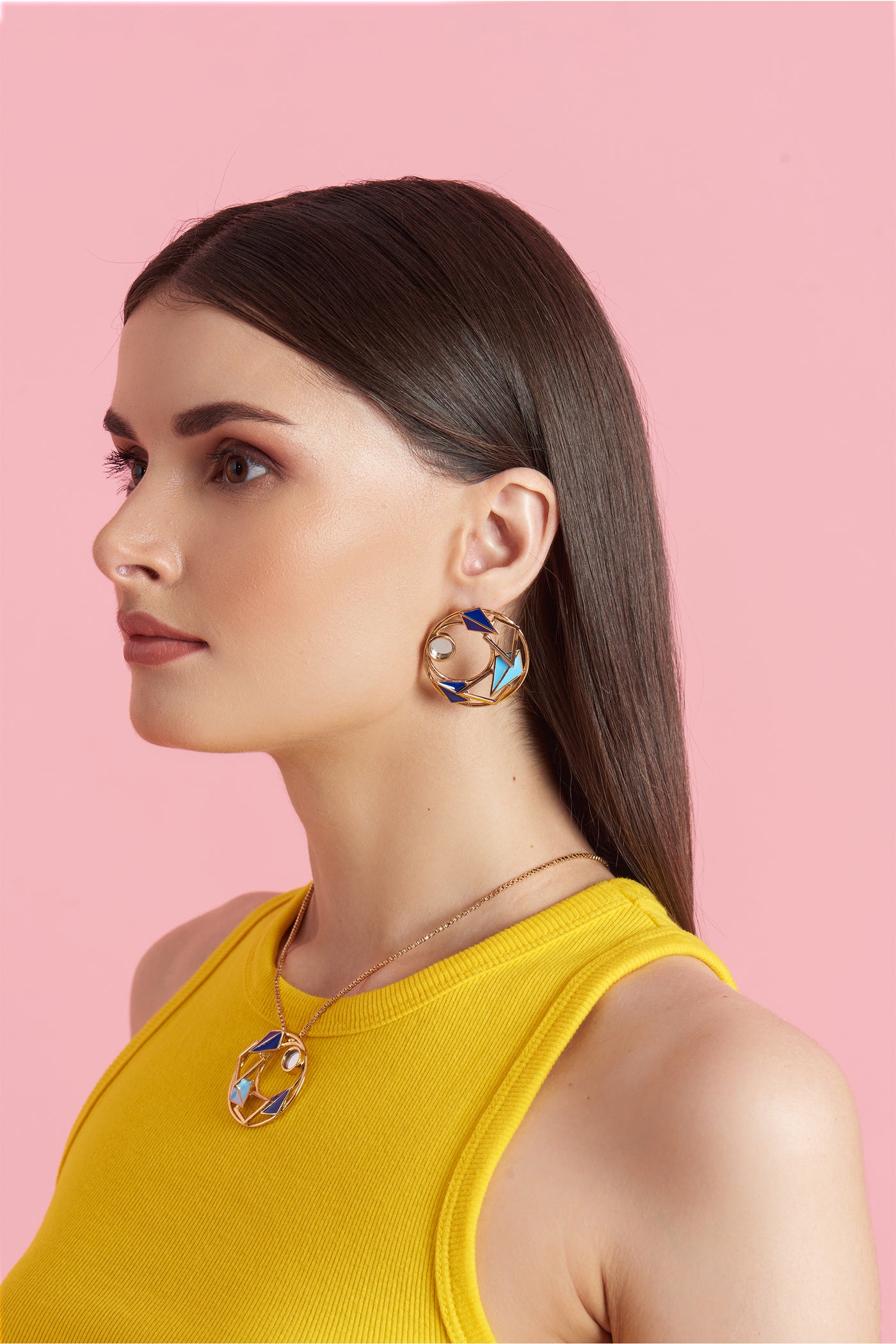 Ruhhette Gold plated enamelled round studs with mirror blue fashion jewellery online shopping melange singapore indian designer wear