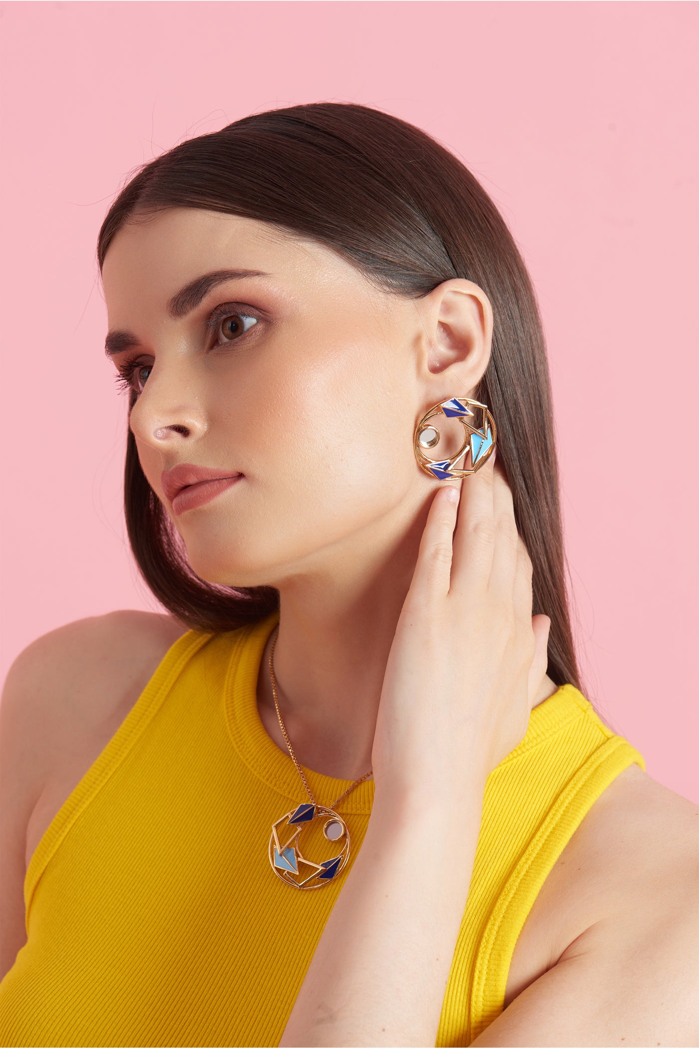 Ruhhette Gold plated enamelled round studs with mirror blue fashion jewellery online shopping melange singapore indian designer wear