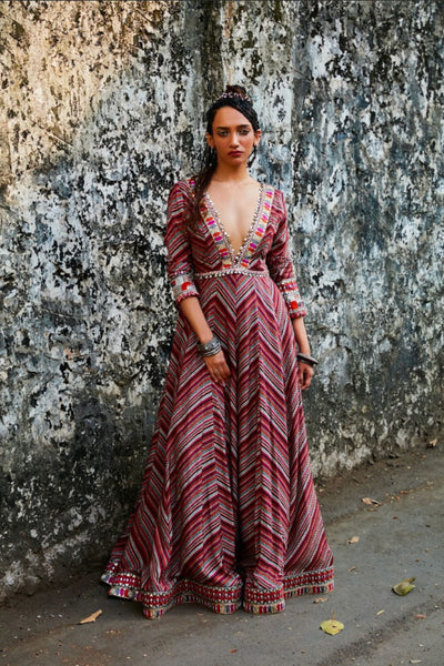 SVA Bohemian Stripe Print Plunge Neck Anarkali Indian designer wear online shopping melange singapore