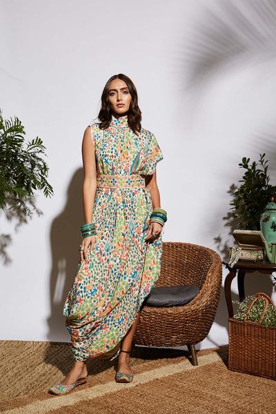 sva by sonam and paras modi Bagh Print Drape Dress beige fusion indian designer wear online shopping melange singapore