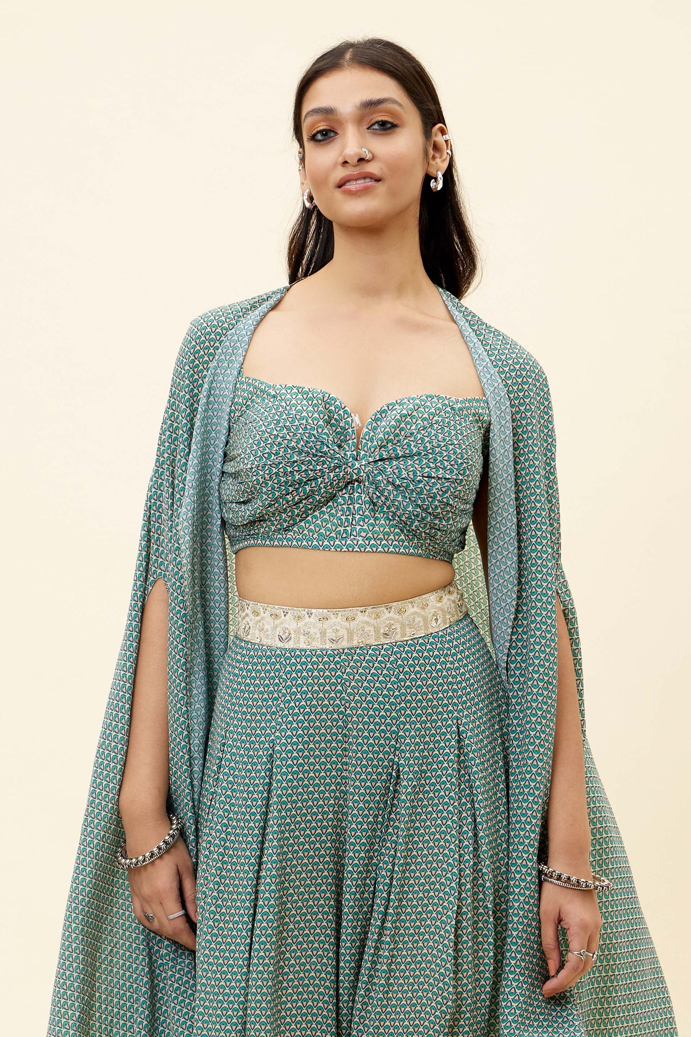 sva Beige Butti Print Box Pleated Pants With Bikini Bustier And Cape online shopping melange singapore indian designer wear