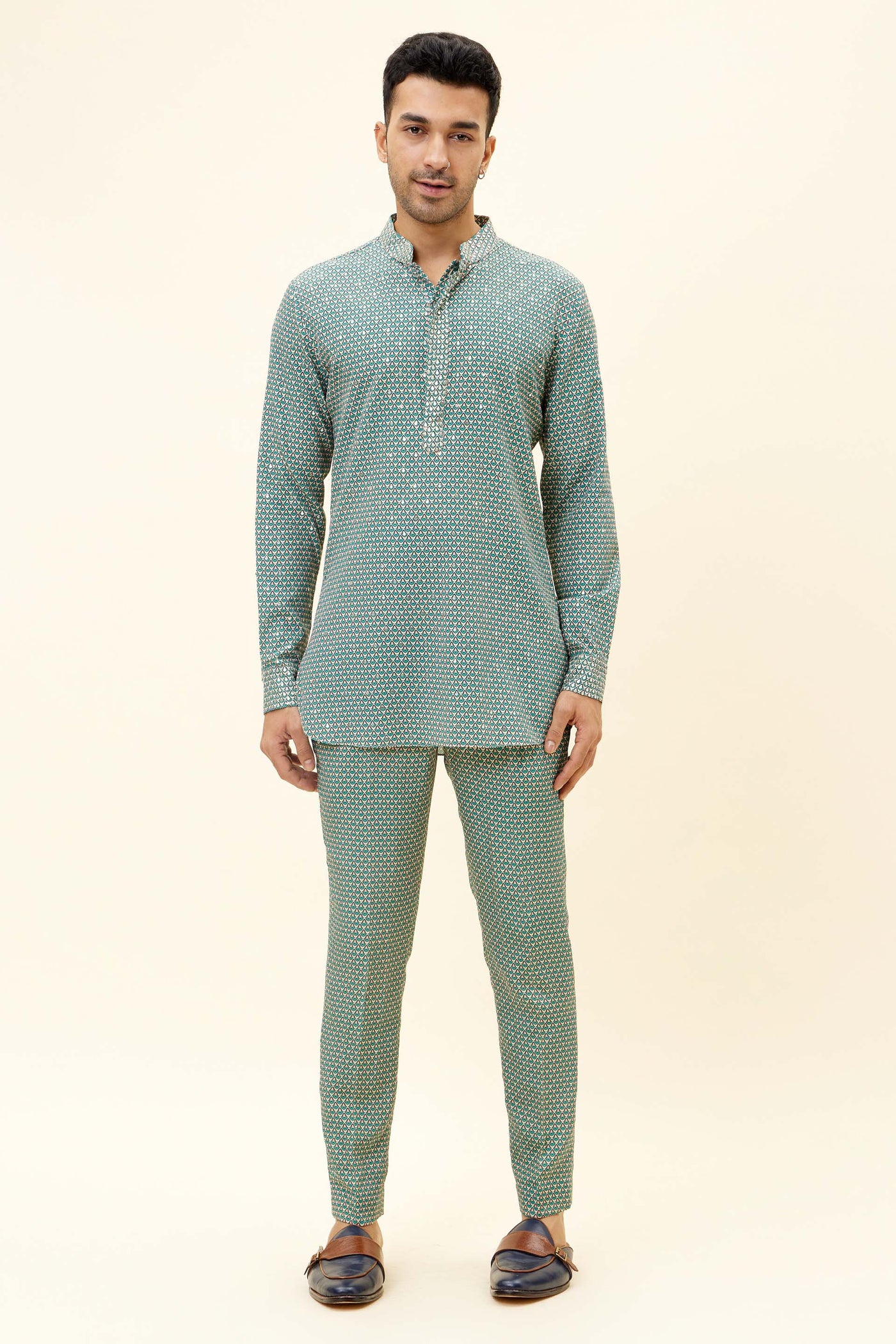 SVA Beige Butti Print Kurta With Embellishments With Pants indian designer fashion online shopping melange singapore