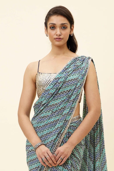 sva Beige Leaf Print Pre Stitched Cascade Saree With Blouse online shopping melange singapore indian designer wear
