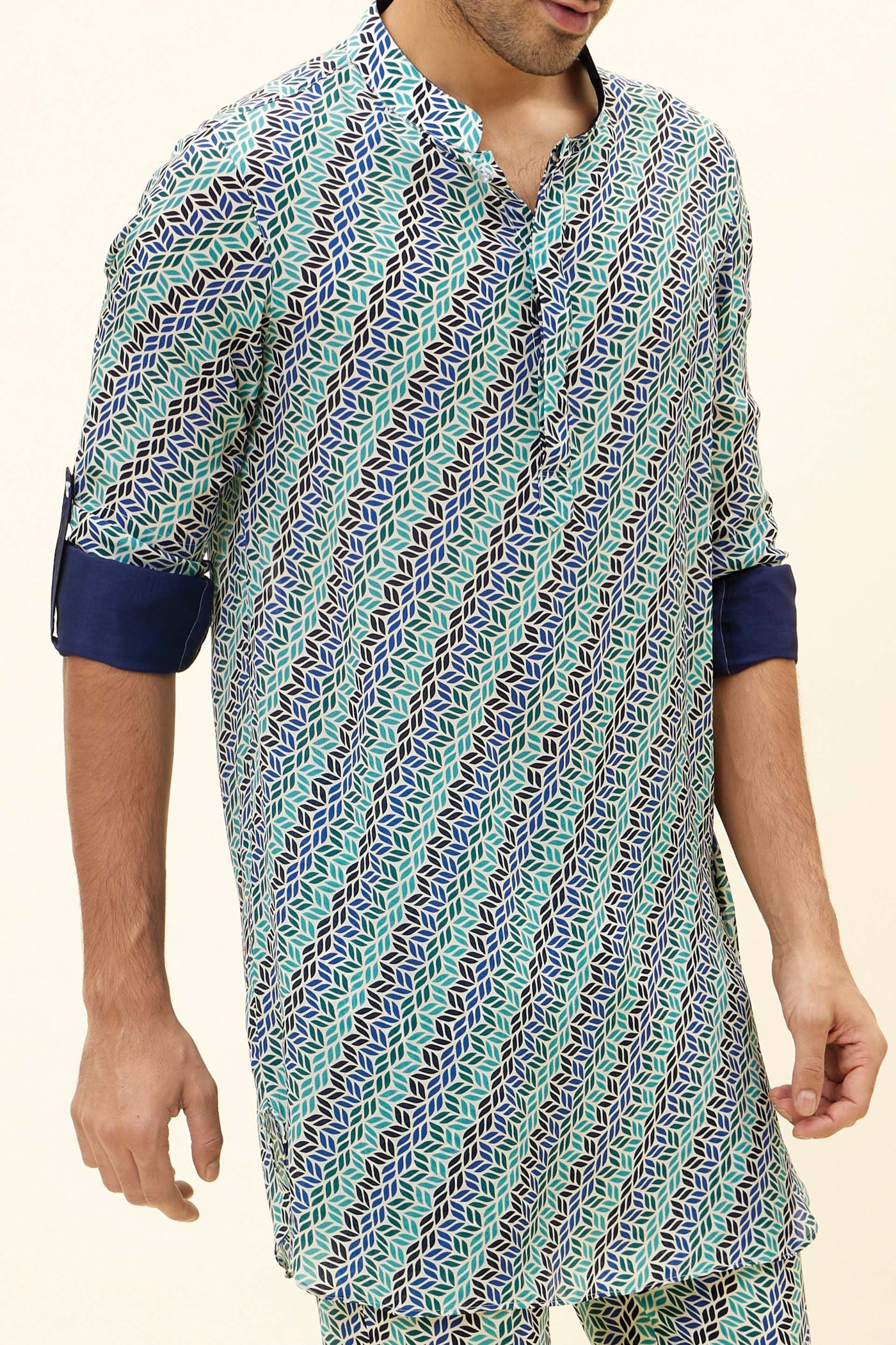 SVA Beige Leaf Print Short Shirt Style Kurta With Rolled Up Sleeves With  Beige Leaf Print Pants Indian designer fashion online shopping melange singapore