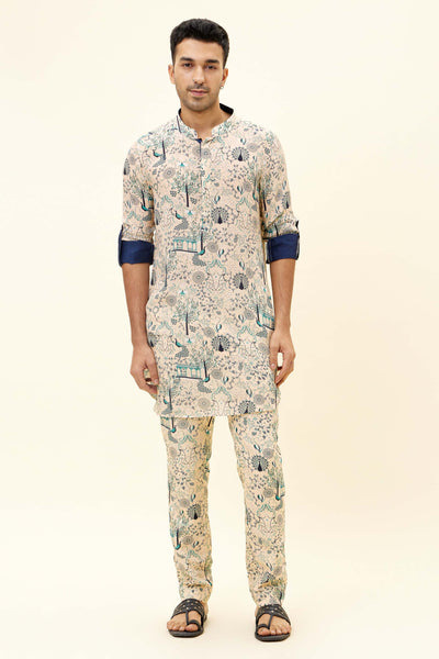 SVA Beige Mor Jaal Short Shirt Style Kurta With Beige Mor Jaal Pants indian designer fashion online shopping melange singapore